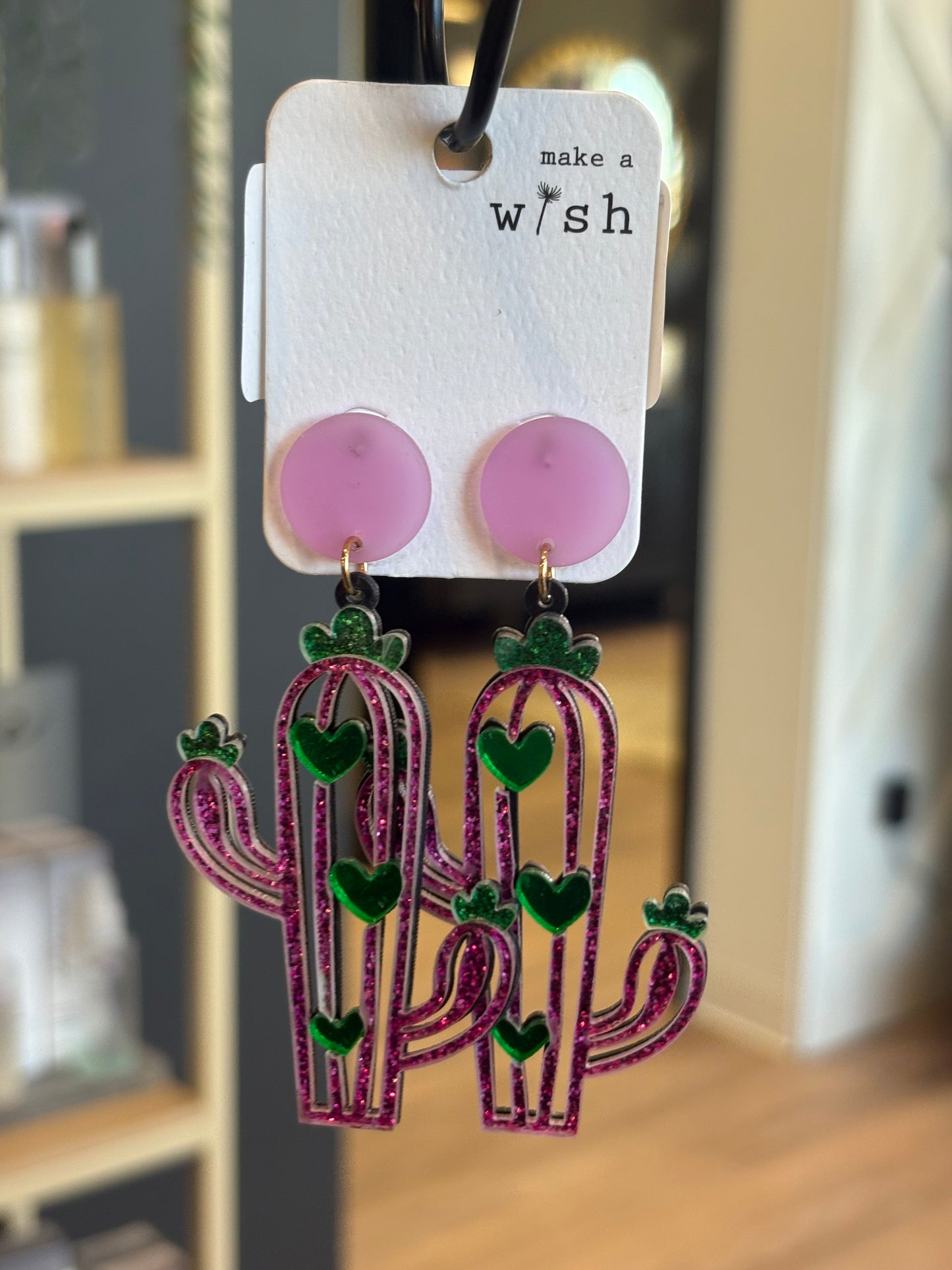 Pink cactus with green hearts earrings