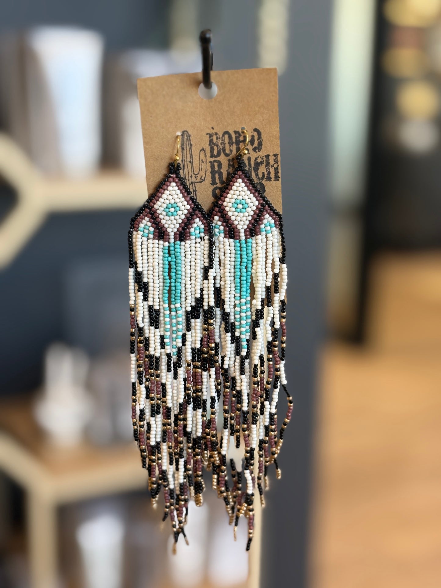 Aztec boho seed bead fringe earrings