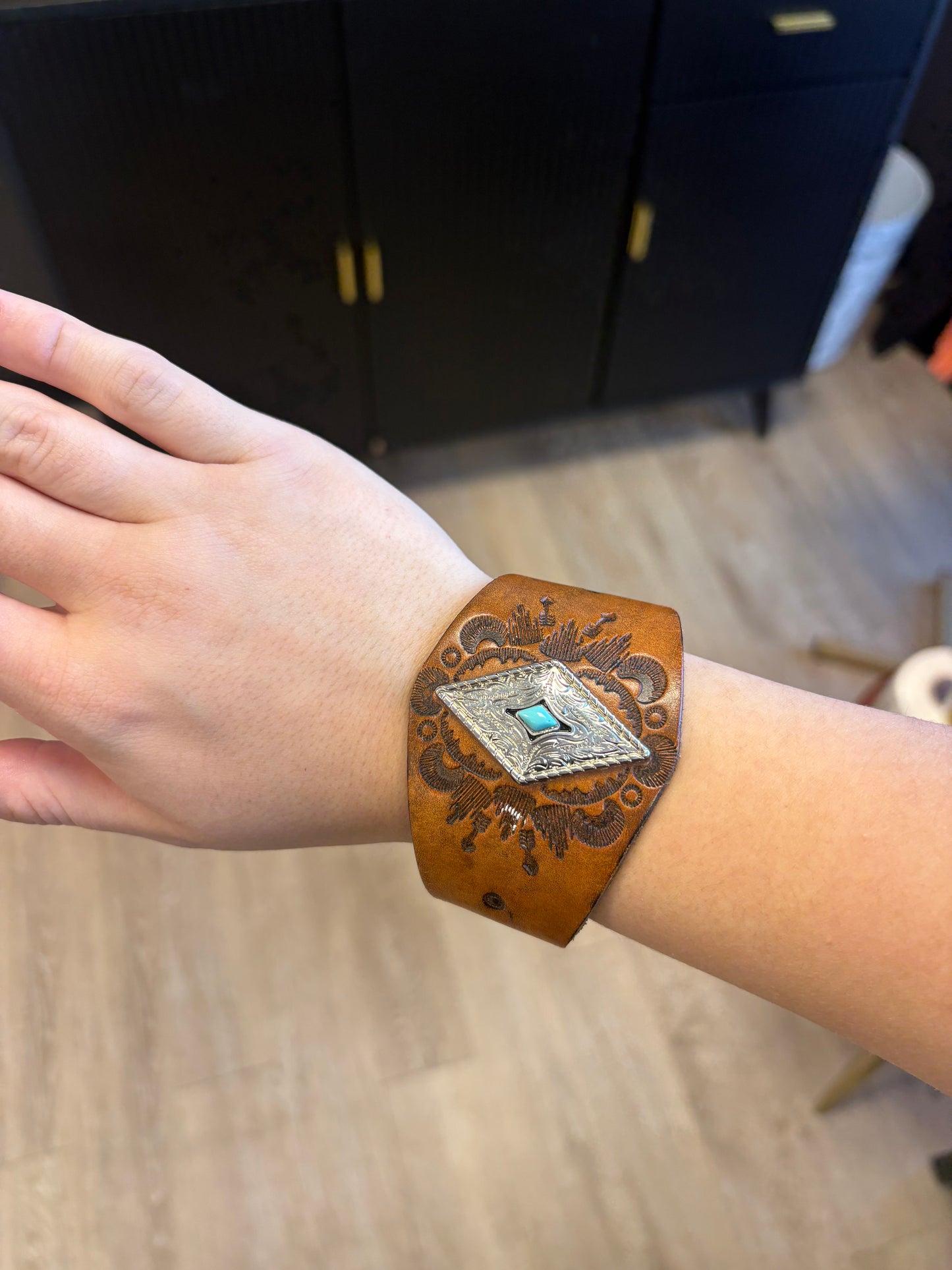 Leather diamond concho bracelet