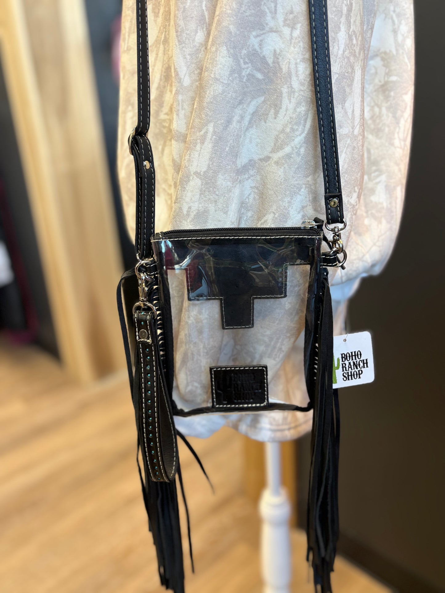 Black Hand Tooled Clear Fringe Bag