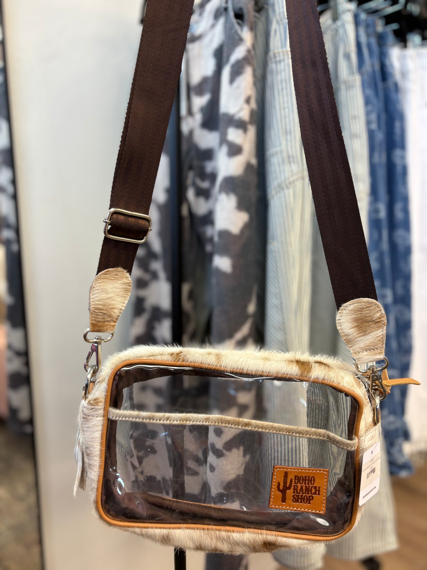 White & Brown Cowhide Clear Crossbody