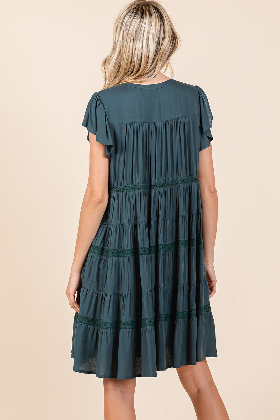 Teal Ruffle Sleeve Tiered Lace Detail Button Dress
