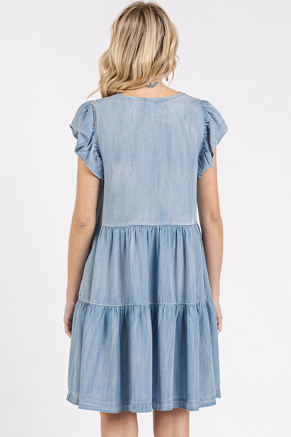 Washed Chambray Ruffle Sleeve Tier Dress