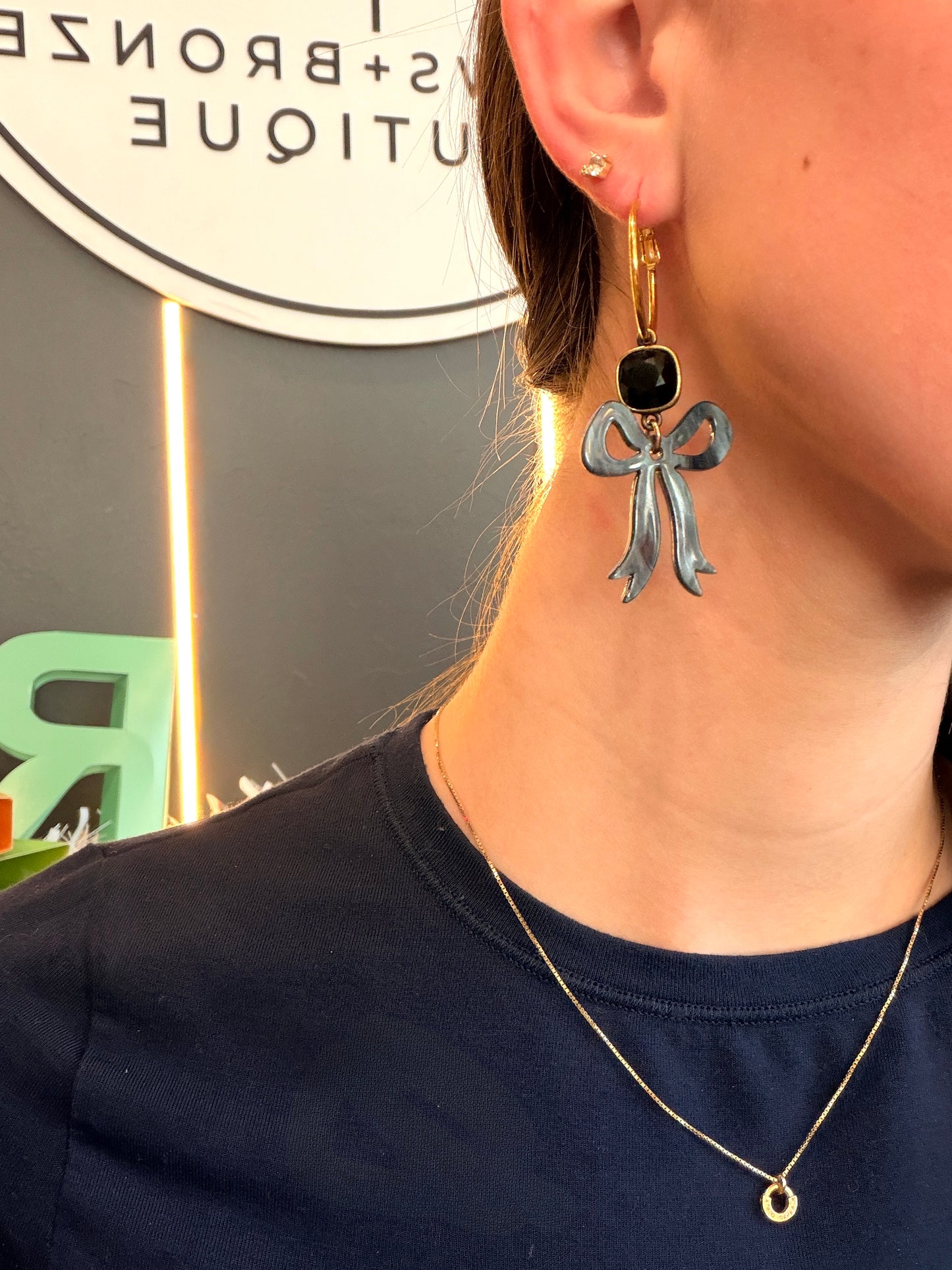 Black Bow Gold Earrings