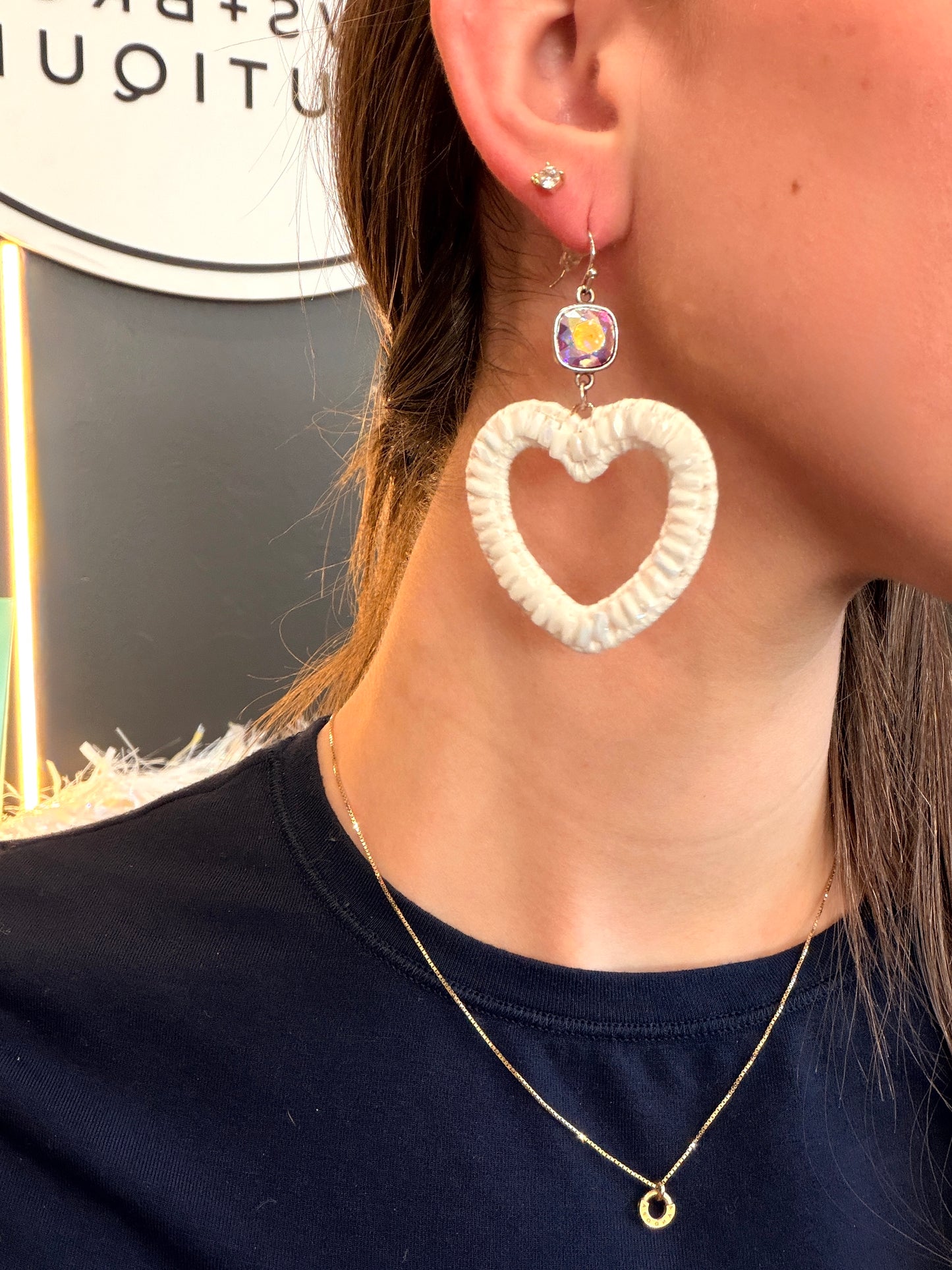 White Heart Earrings w/ Gems