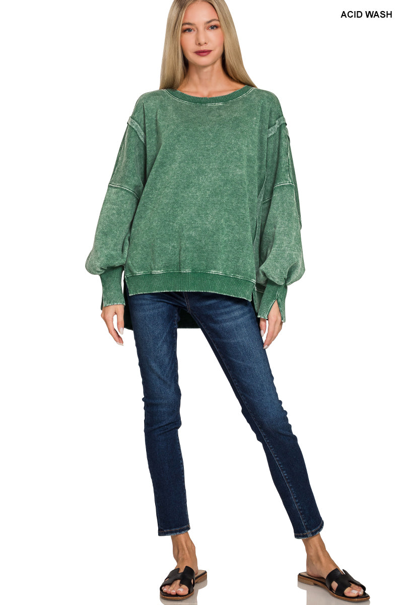 Acid Washed Batwing Sleeve High-Low Fleece Sweatshirt (multiple colors)