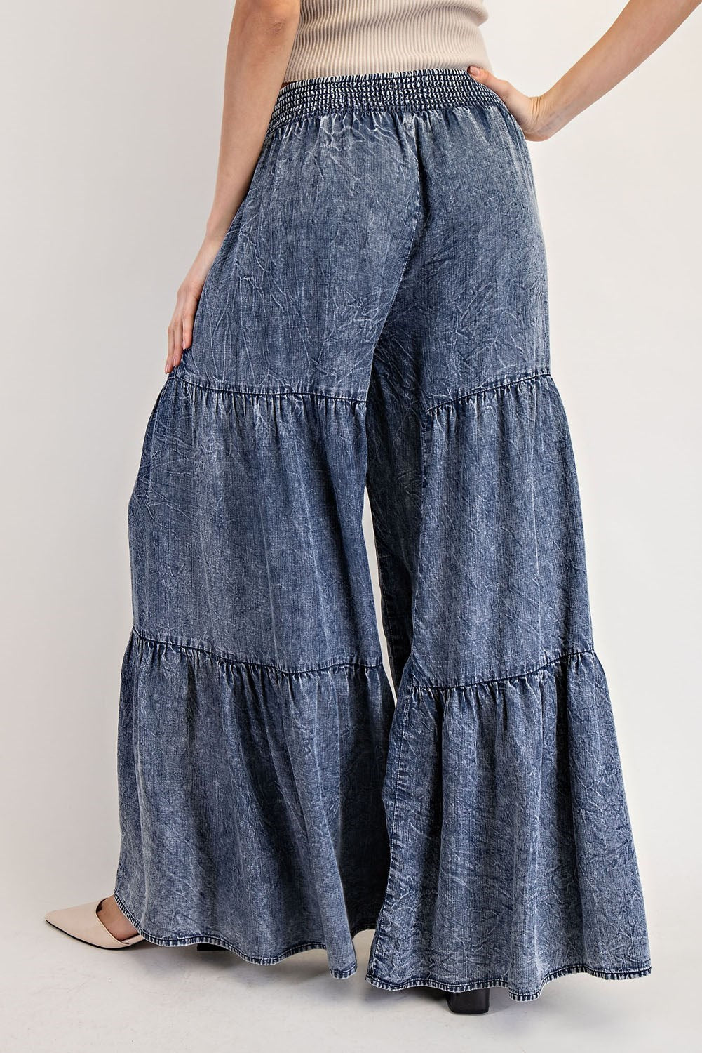 Washed Denim Tiered Wide Leg Pant
