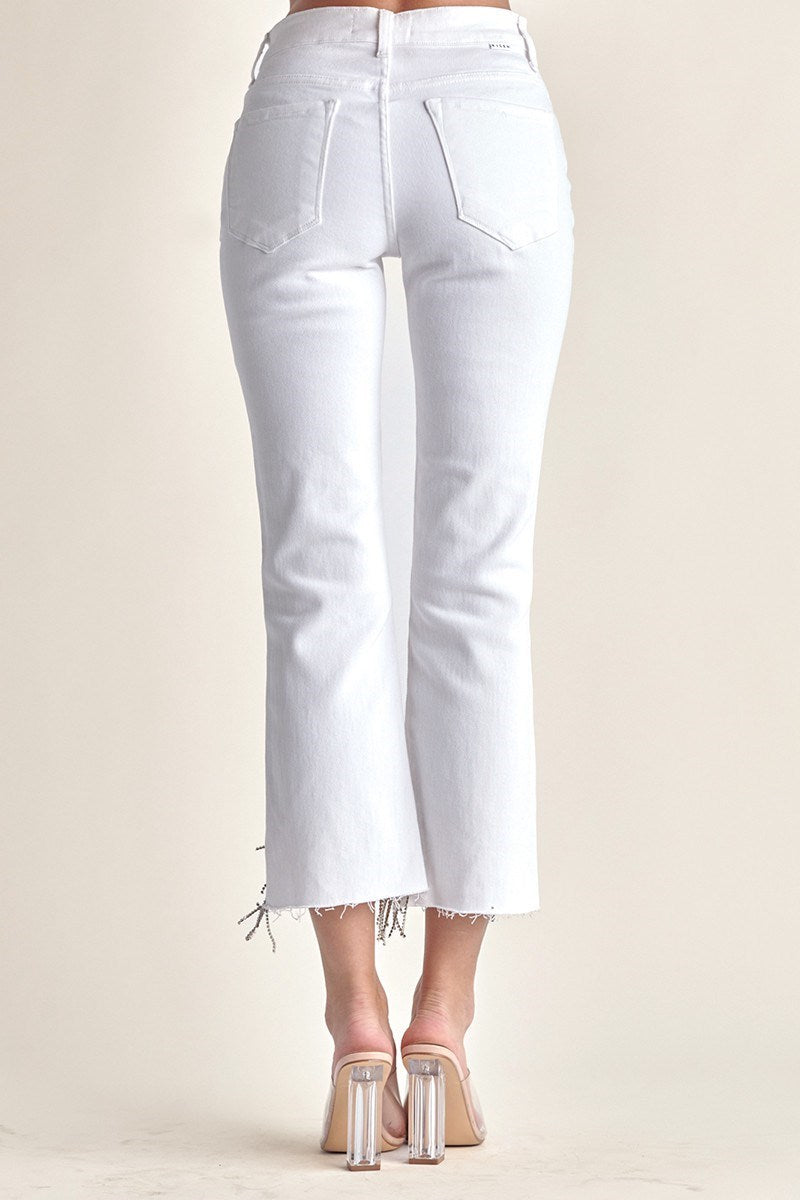 White High Rise Rhinestone Fringe Straight Leg | Risen Jeans