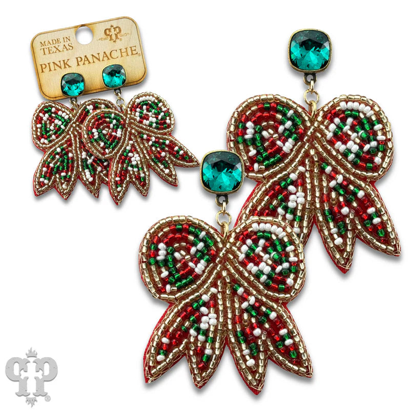 Christmas Bow Beaded Earrings