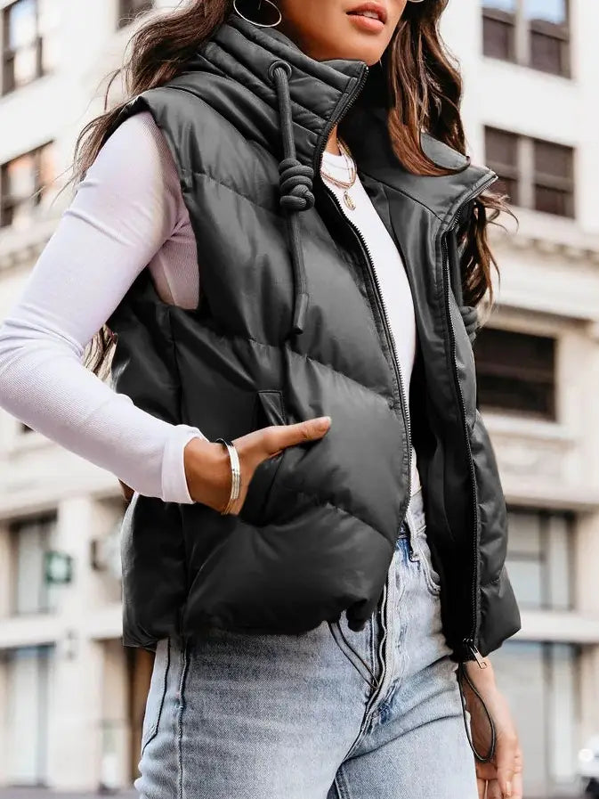Hooded Puffer Waist Jacket Black