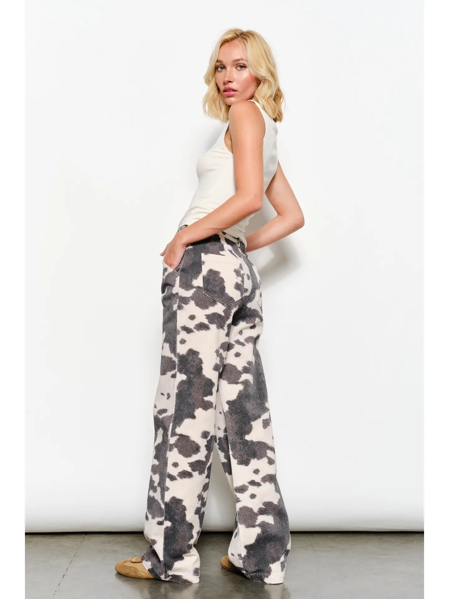 Cow Print Twill Pants