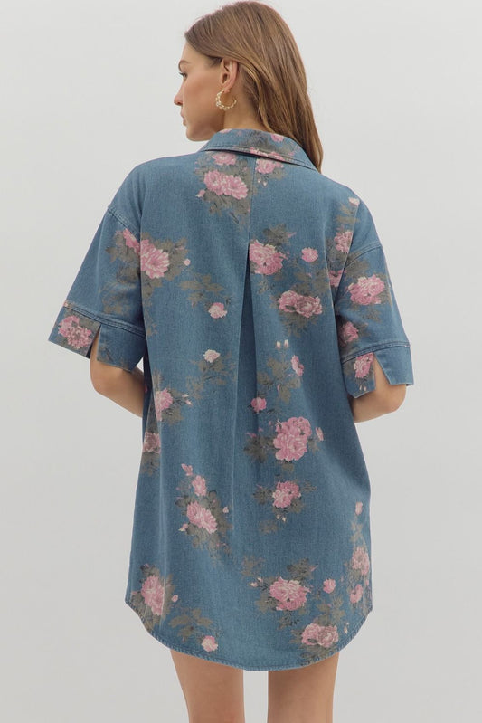 Denim Floral Button-Up Dress