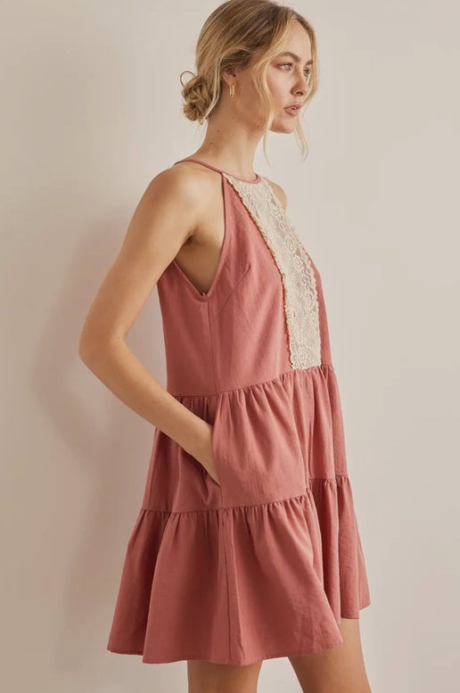 Lace Contrast Tiered Halter Neck Dress