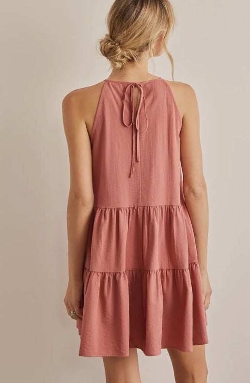 Lace Contrast Tiered Halter Neck Dress