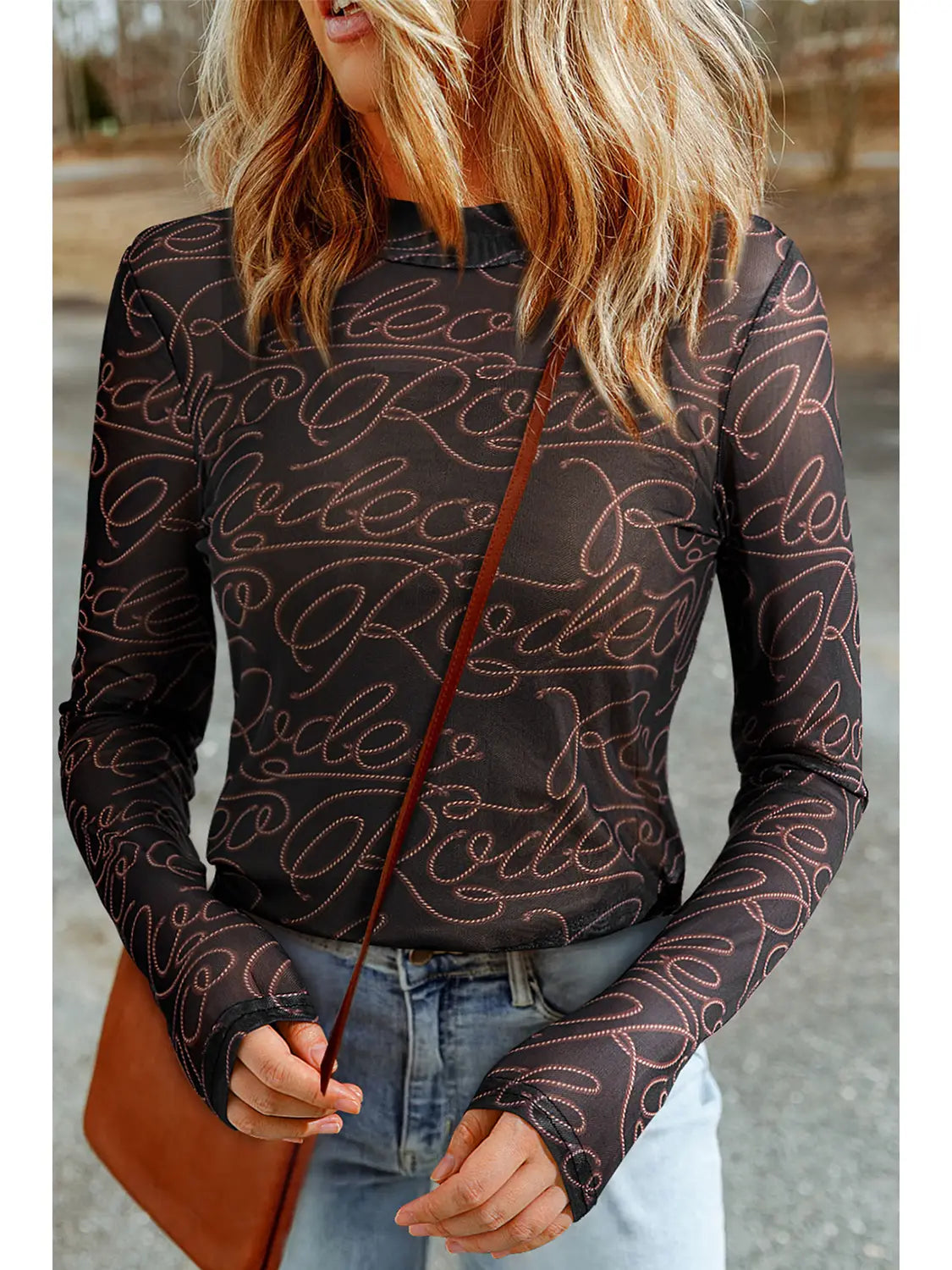 Western Printed Mock Neck Mesh Top