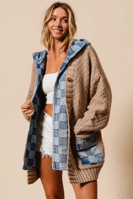 Checkered Denim Zip Up Sweater
