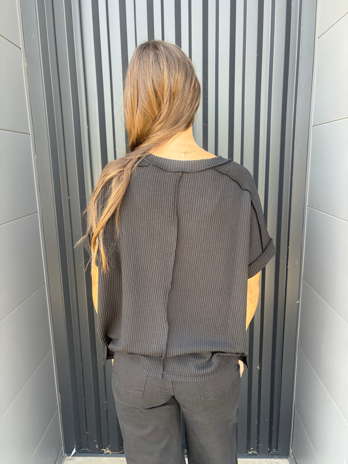 Black Corded Rib Hi-Low V-Neck Top