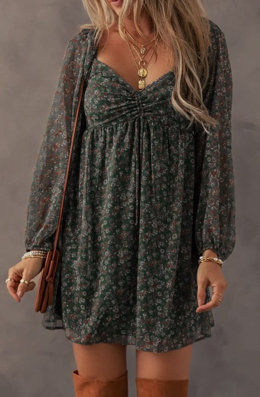 Green Floral Sweetheart Neck Dress