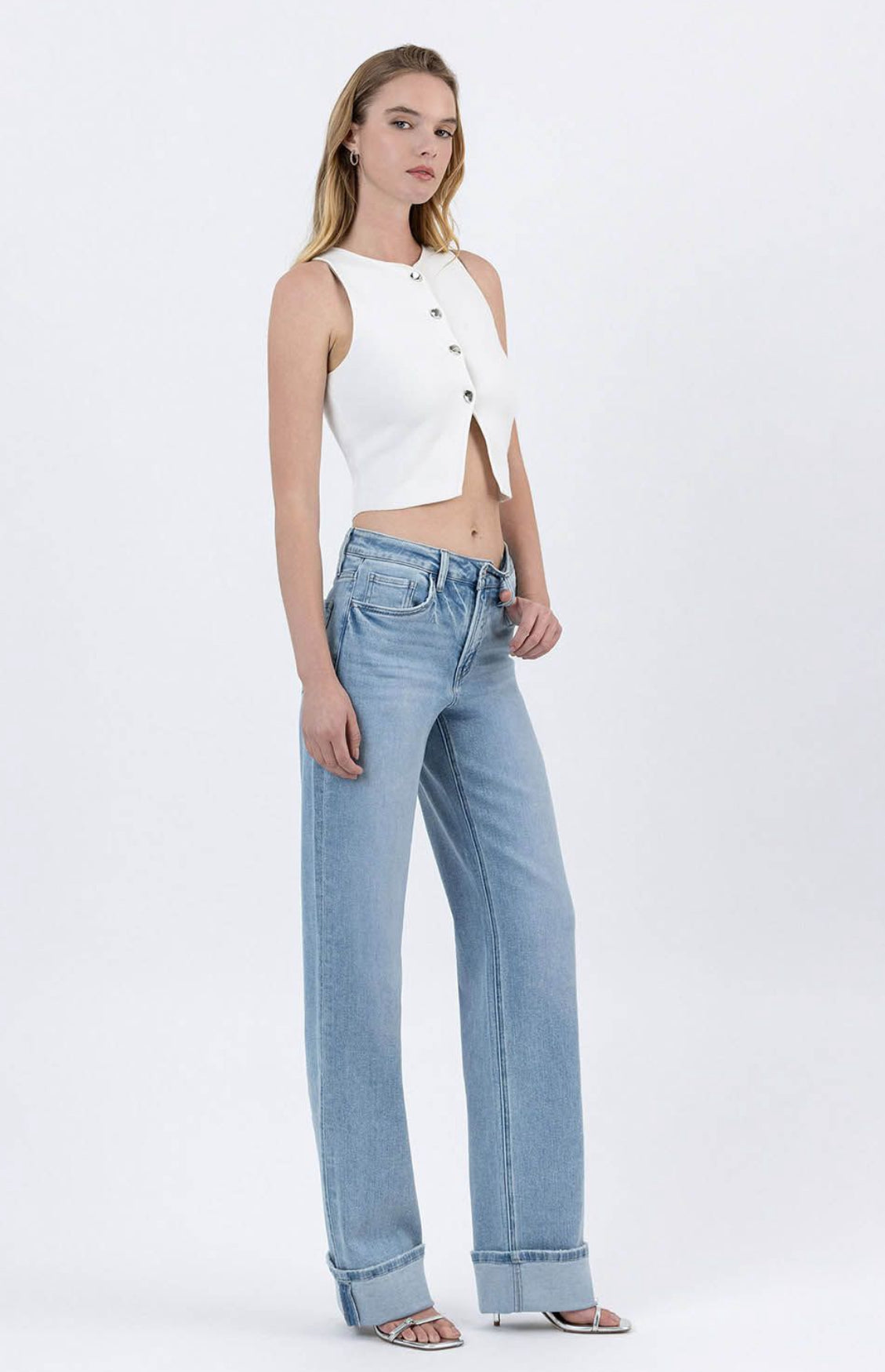 High-Rise Wide Leg Cuffed Denim