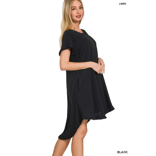 Black Short Sleeve Linen Dress