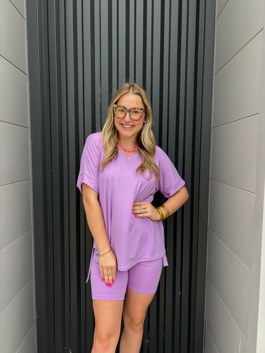 Bright Lavender V-Neck Biker Short Set