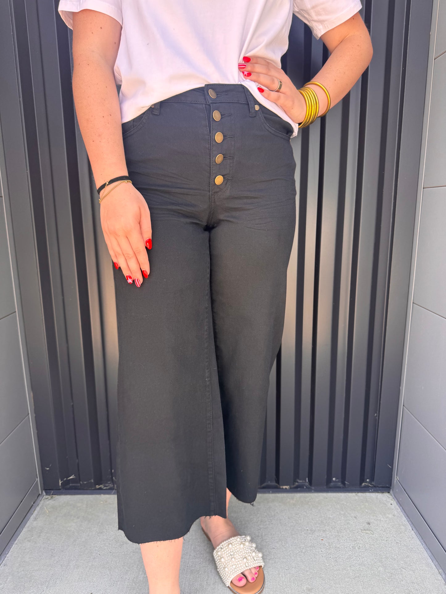 Front Button Stretch Twill Bell Bottom Pants