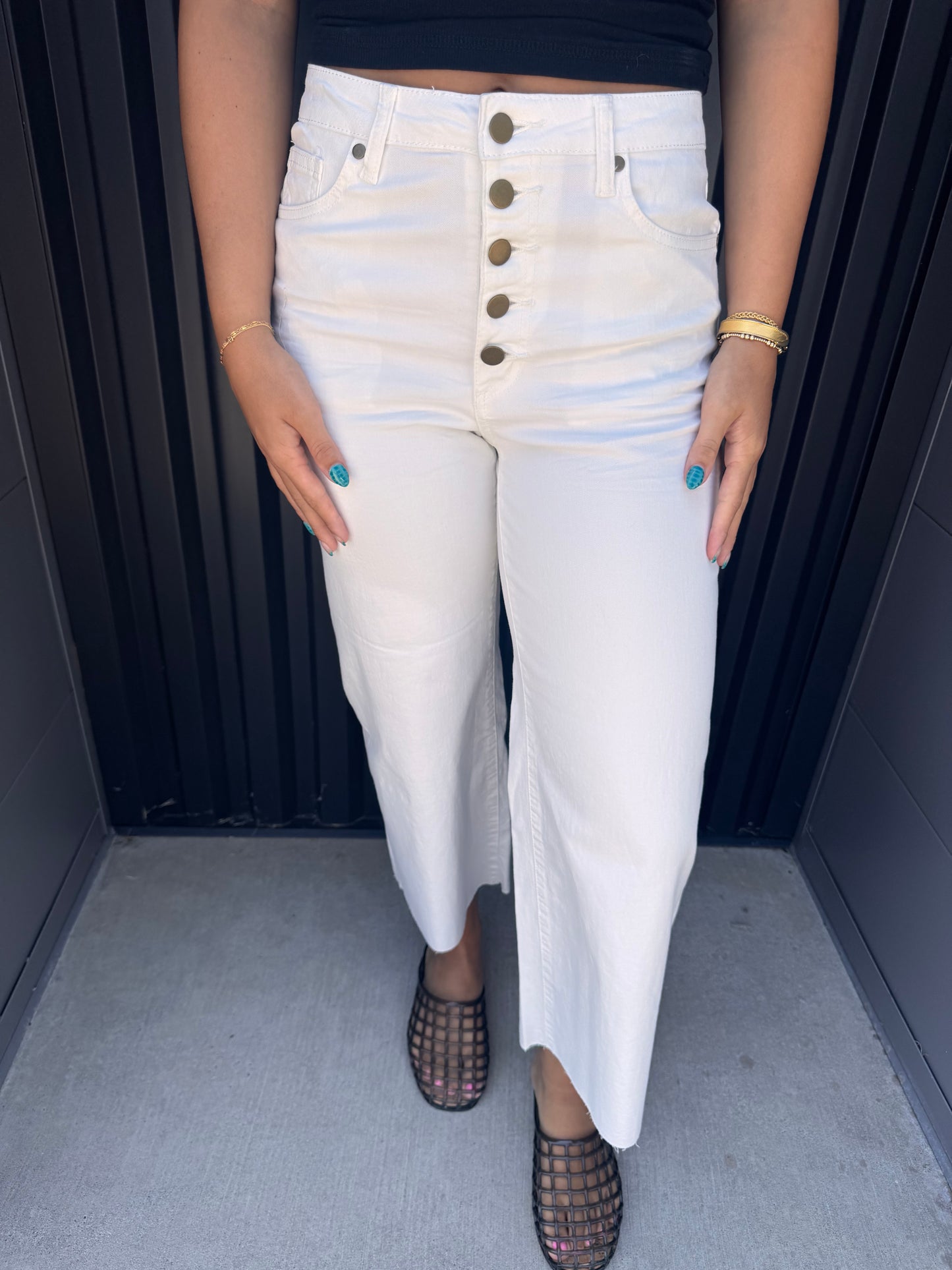 Front Button Stretch Twill Bell Bottom Pants