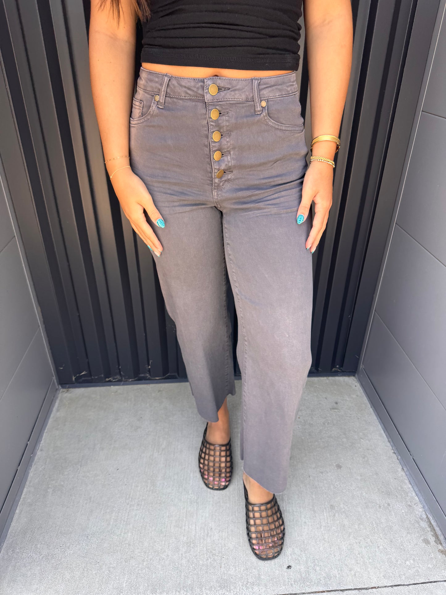 Front Button Stretch Twill Bell Bottom Pants