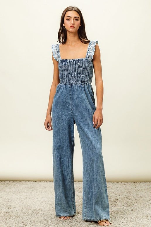 Eyelet Washed Denim Jumpsuit