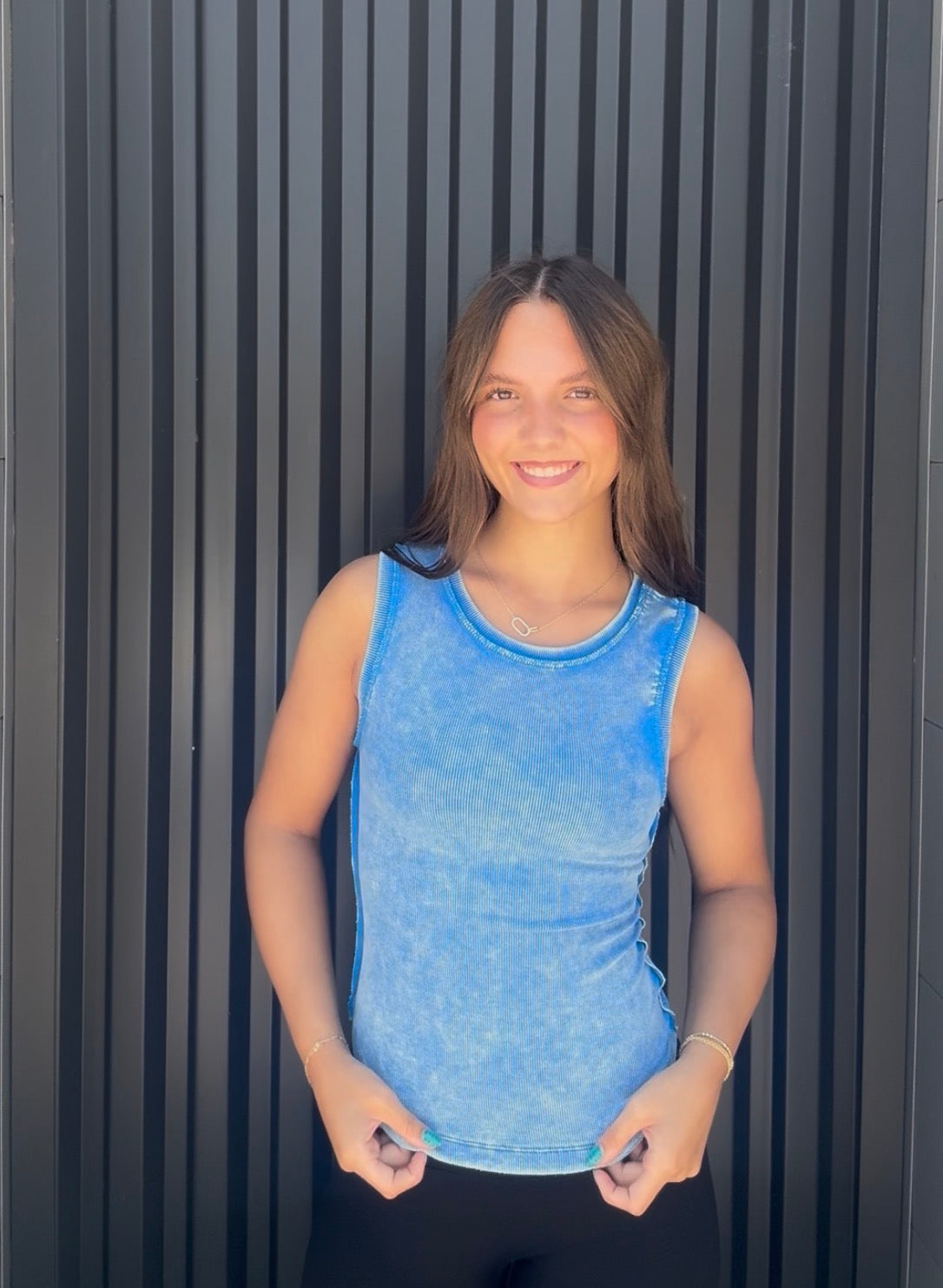 Wash Ribbed Tank Top Ocean Blue