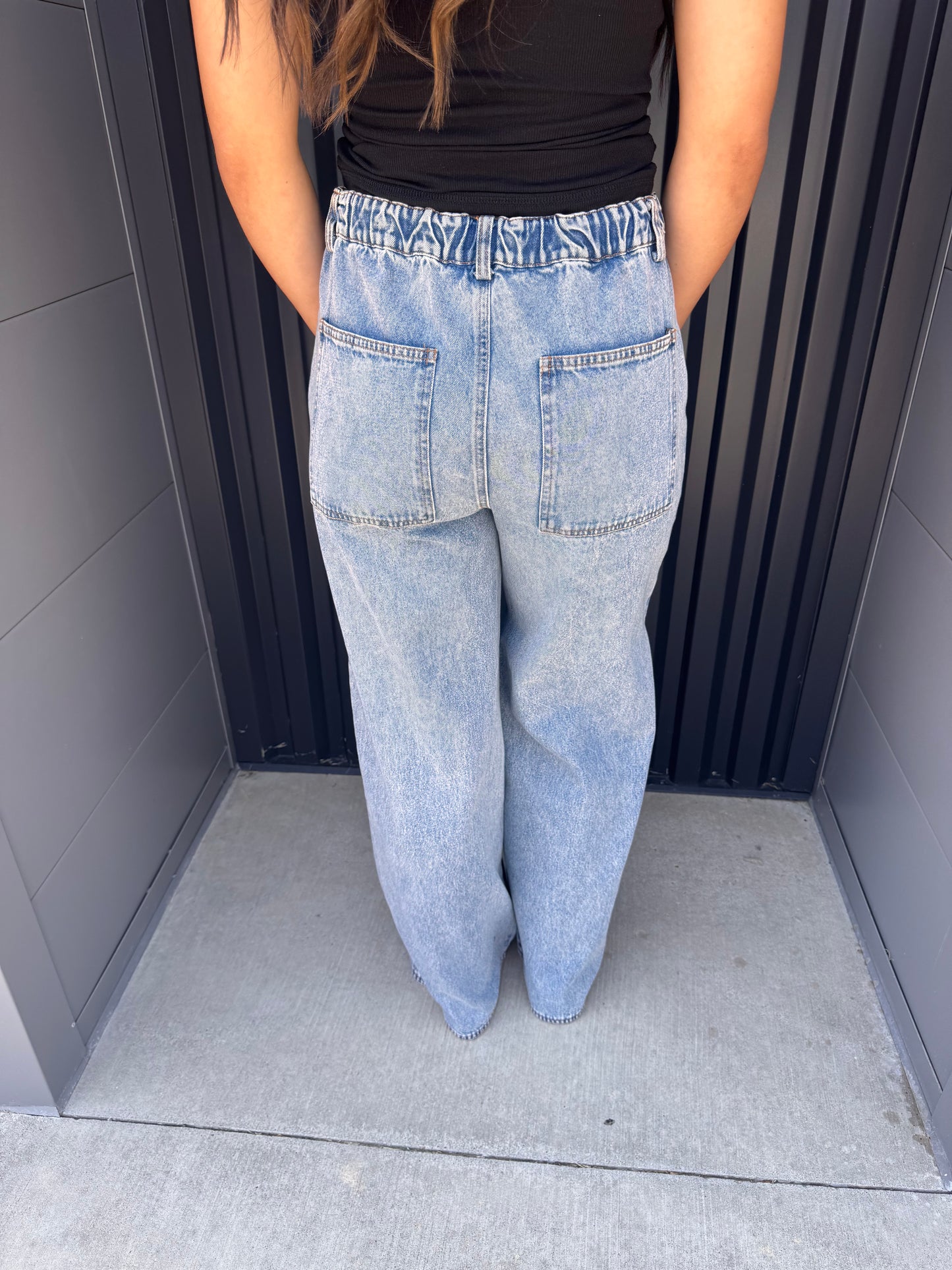Wide leg drawstring denim jeans