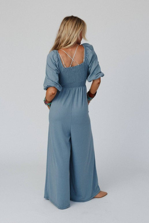 Dusty Blue Smocked Jumpsuit