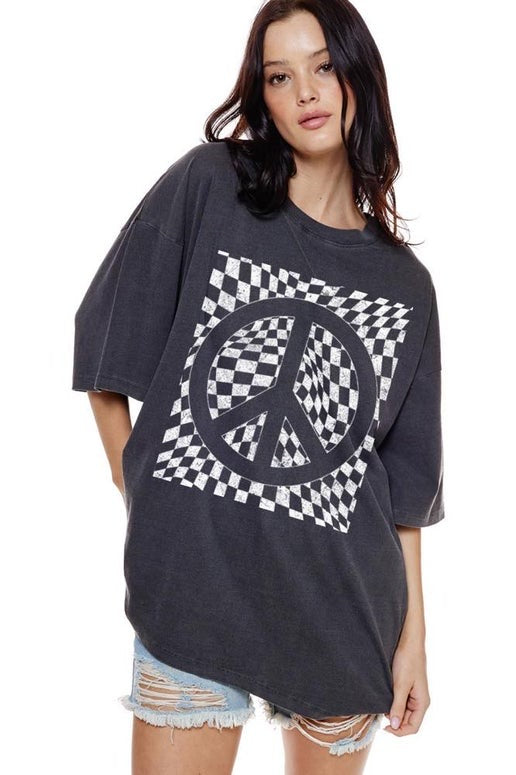 Charcoal Checkered Peace Oversized Tee