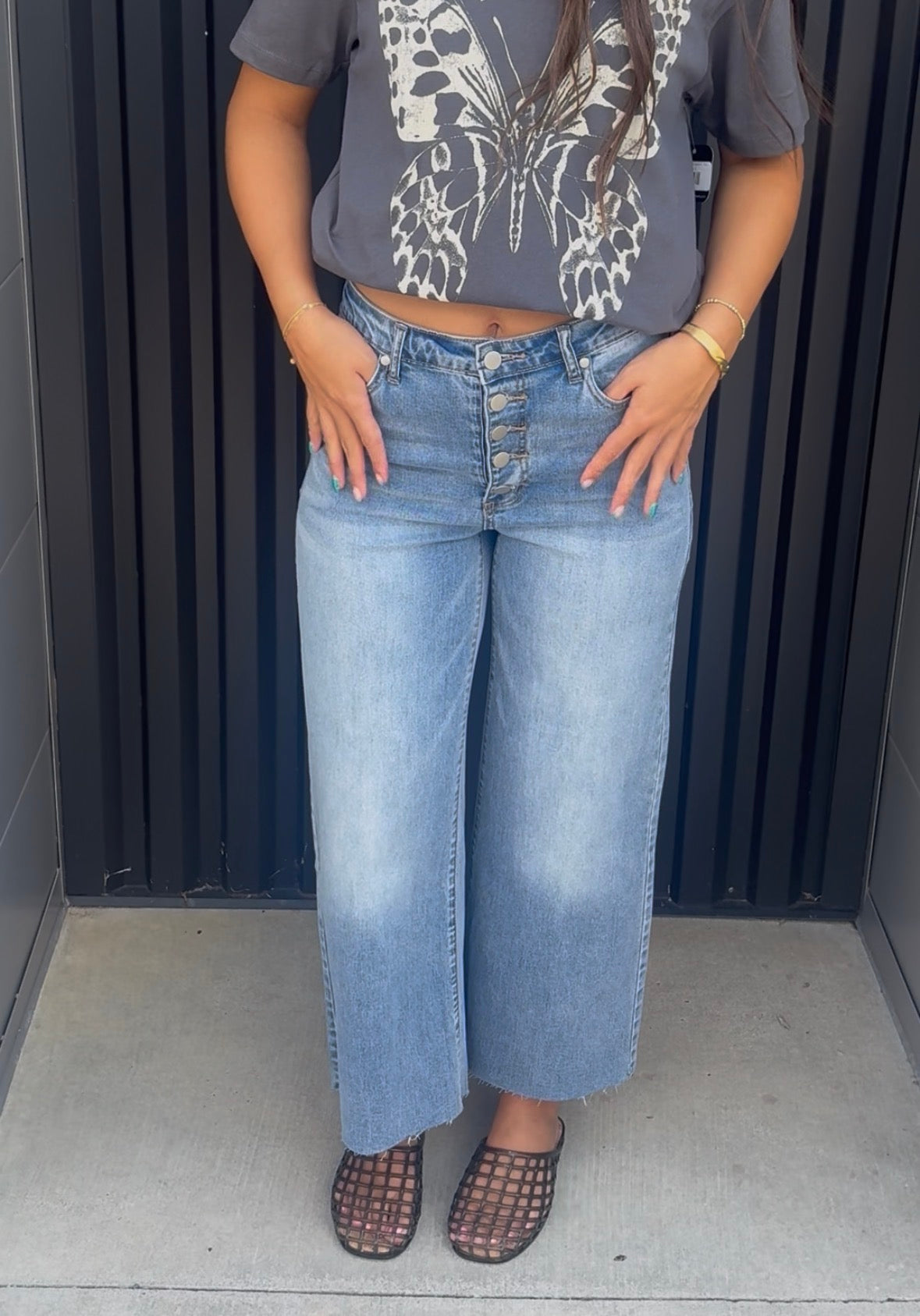 Front Button Stretch Twill Bell Bottom Pants