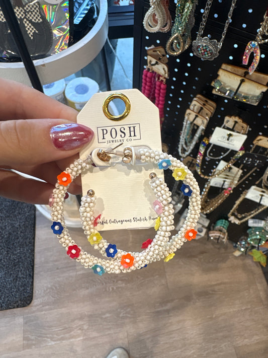 White Beaded Muilticolored Flower Hoops