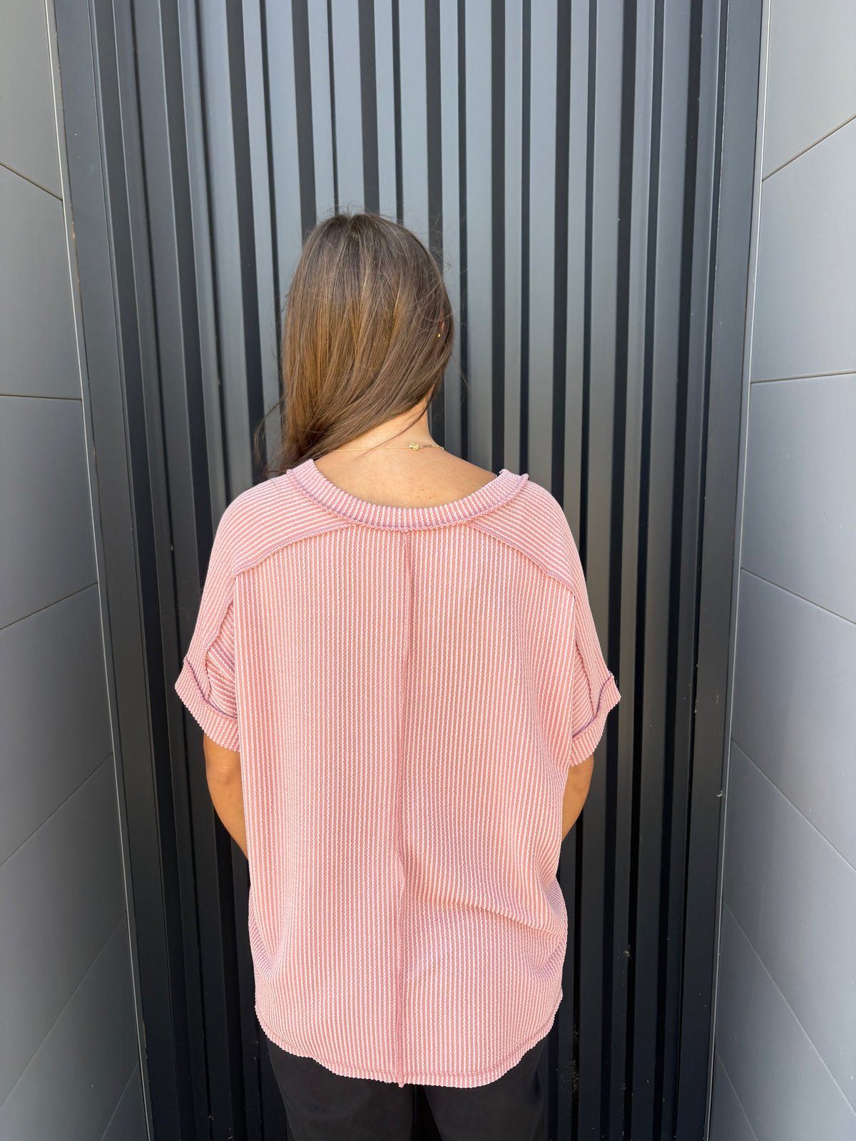 Light Rose Corded Rib High-Low V-Neck