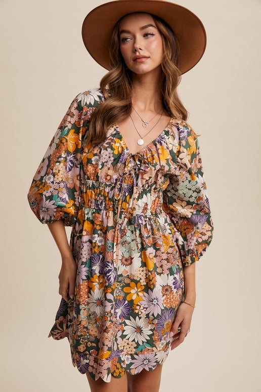 Hunter Green Floral Tie Front Dress