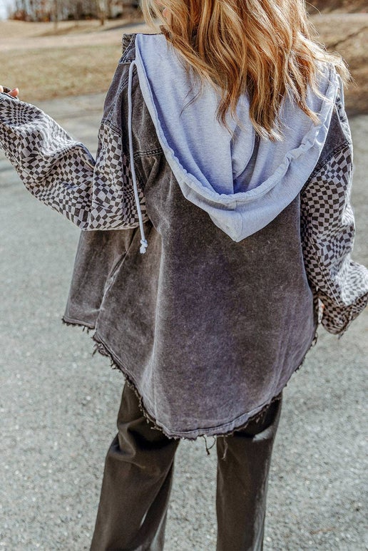 Checkered Patchwork Hooded denim Jacket