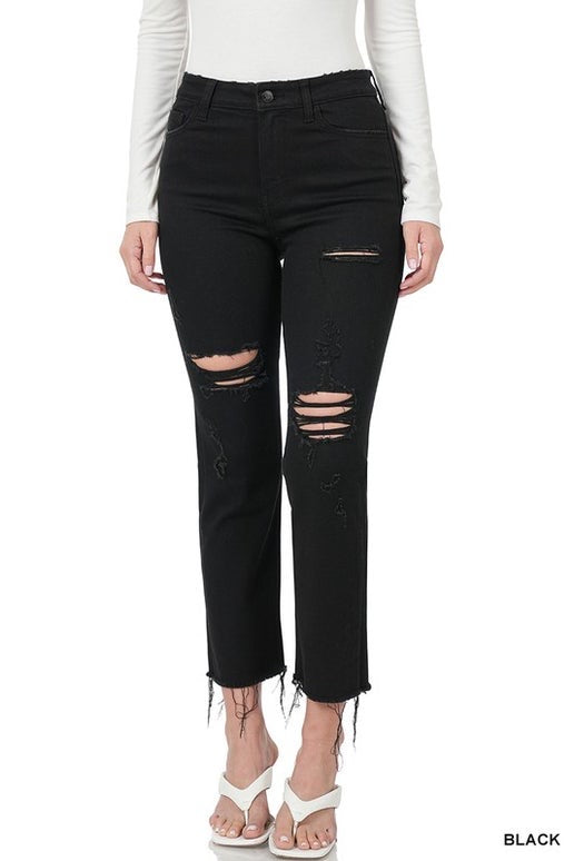 Black Denim Distressed Crop