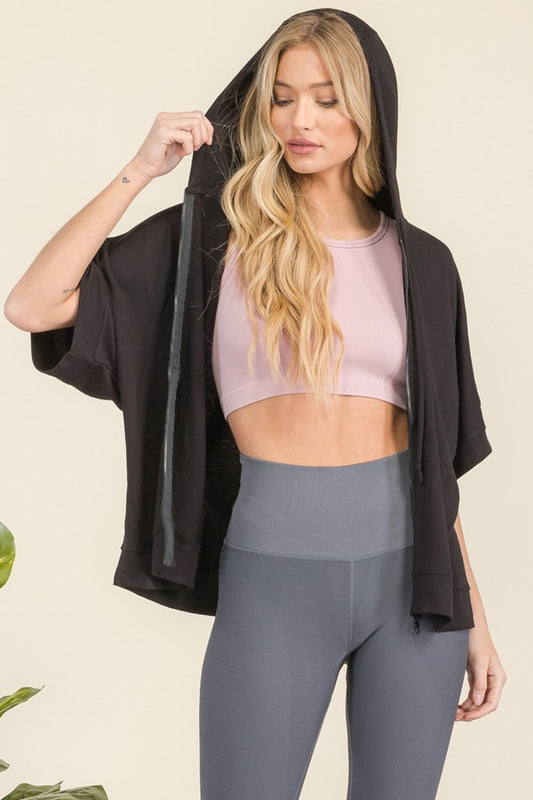 Black Half Sleeve Zip Up Hoodie