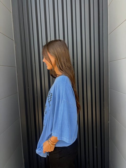 Blue Checkered Peace Sign Oversized Graphic Tee
