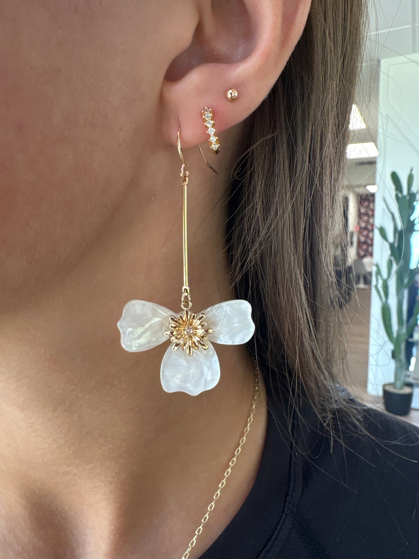 Gold and White Flower Earrings