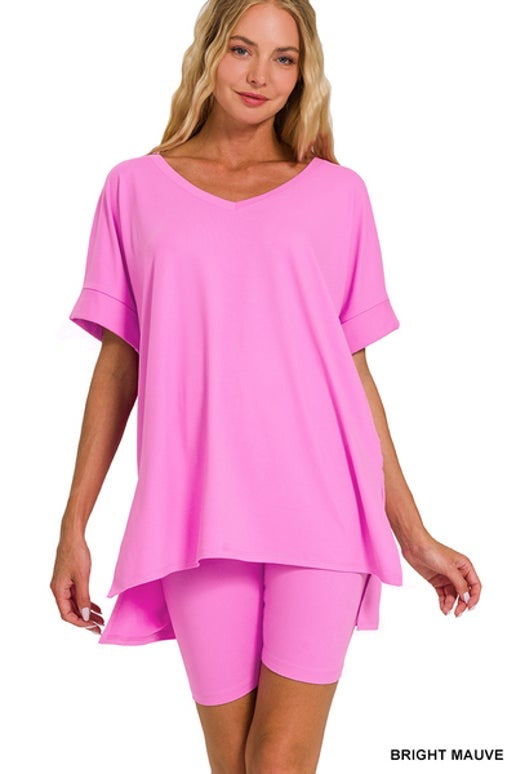 Bright pink V-Neck Biker Short Set