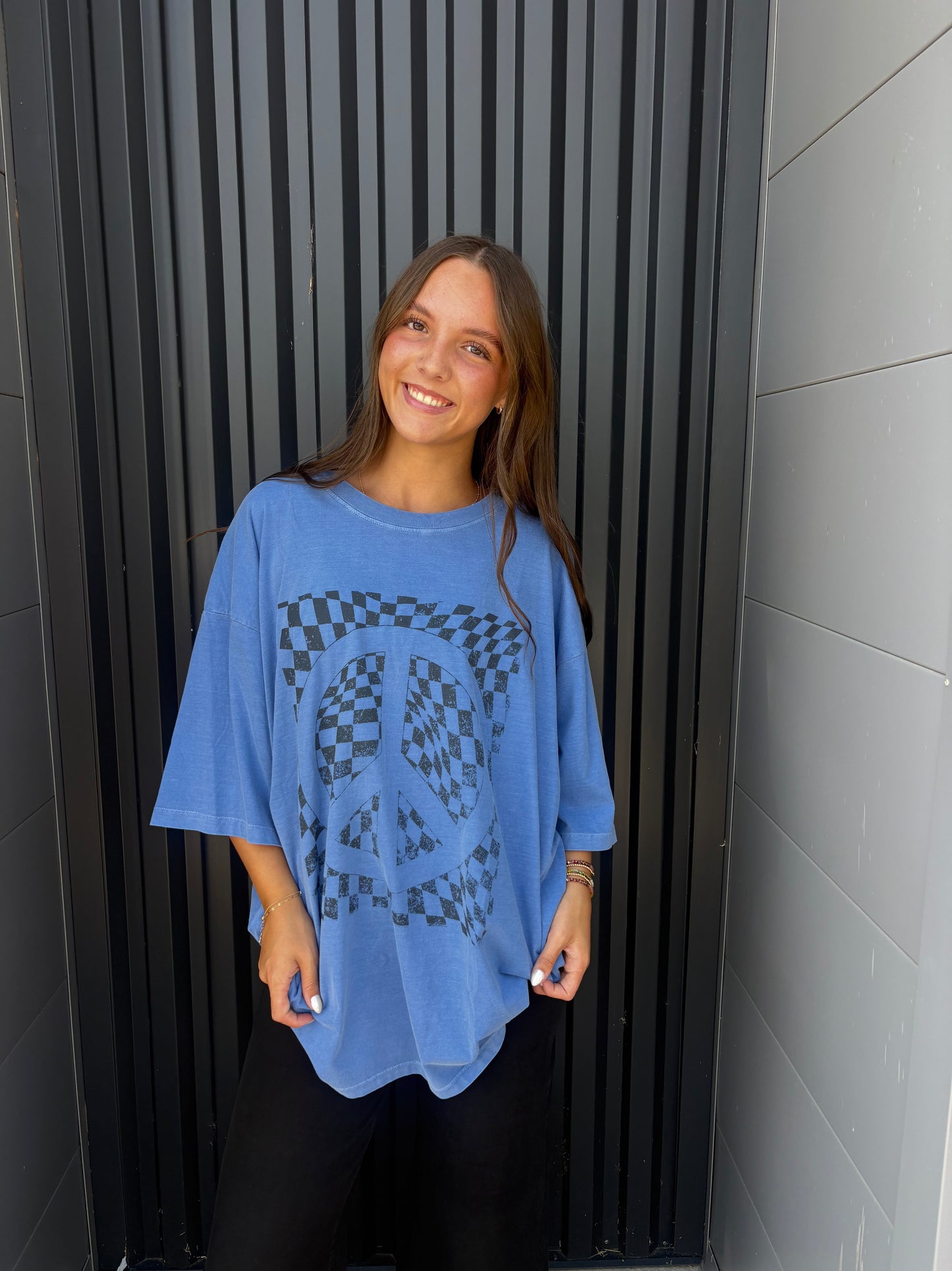 Blue Checkered Peace Sign Oversized Graphic Tee