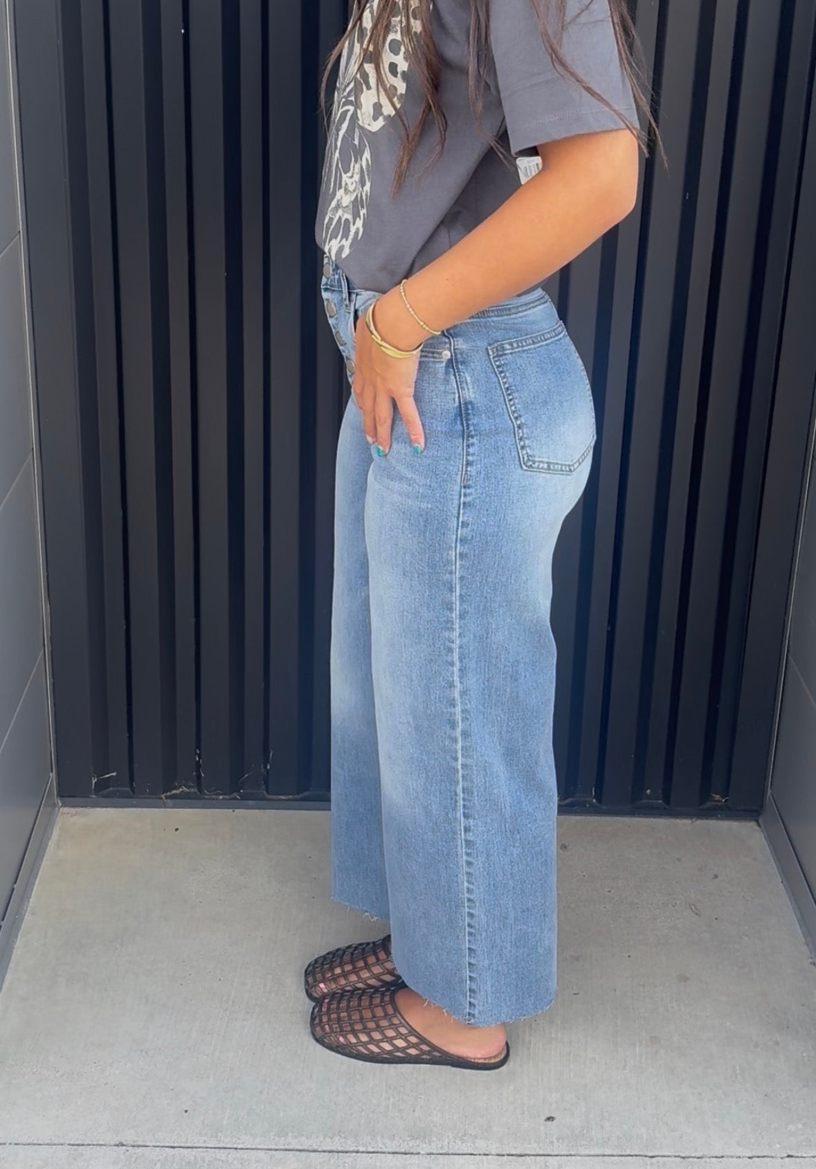 Front Button Stretch Twill Bell Bottom Pants
