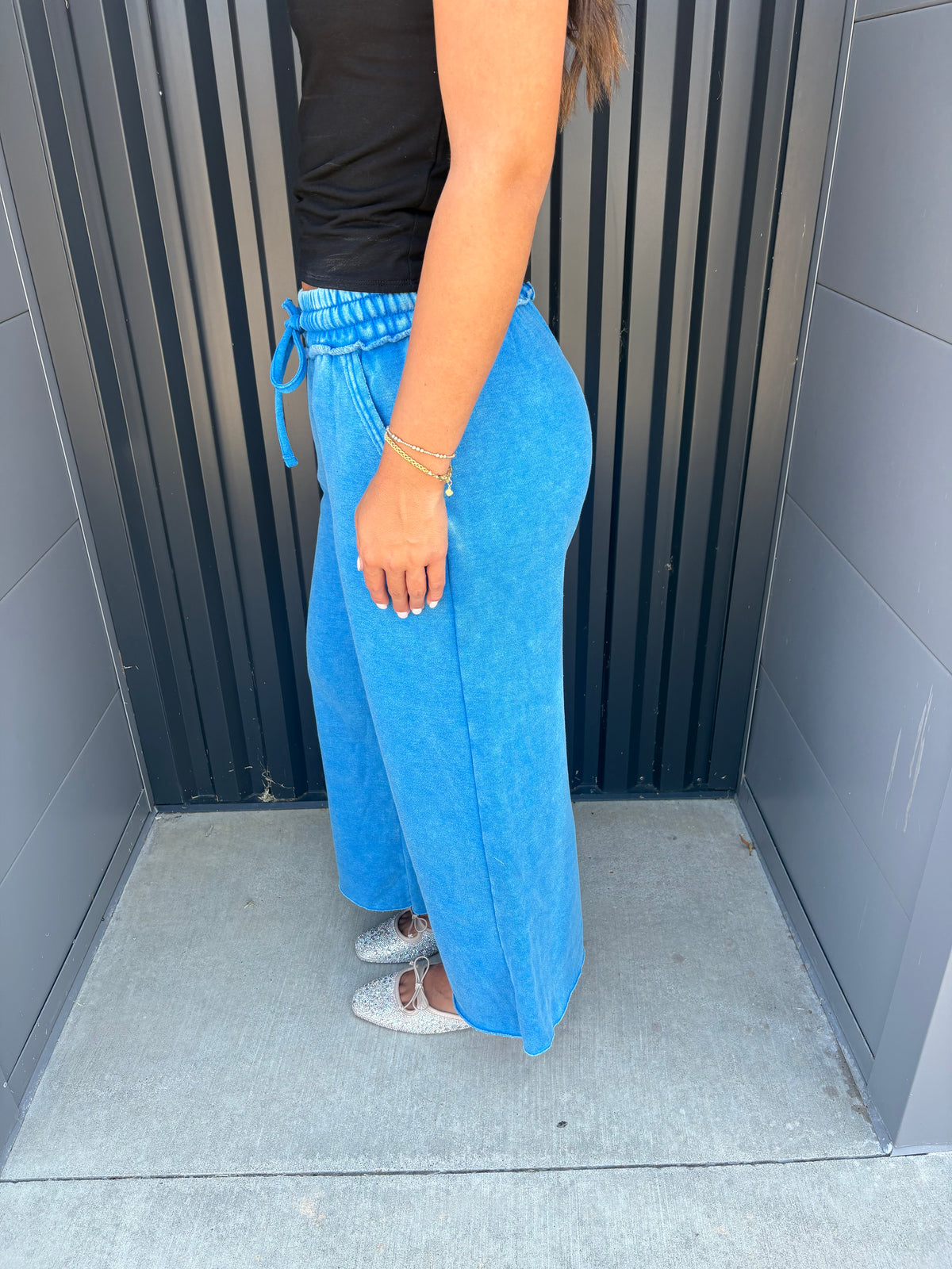 Ocean Blue Acid Washed Fleece Palazzo Pants