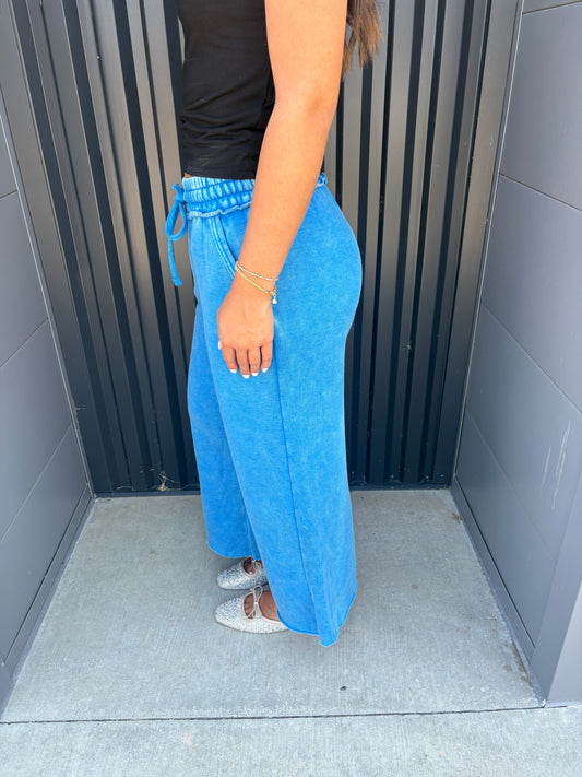 Ocean Blue Acid Washed Fleece Palazzo Pants
