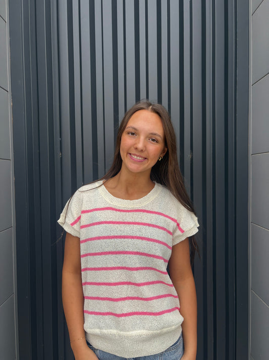 Pink and Beige Stripe Sheer Knit Top