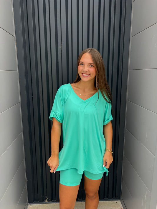 Mint V-Neck Biker Short Set