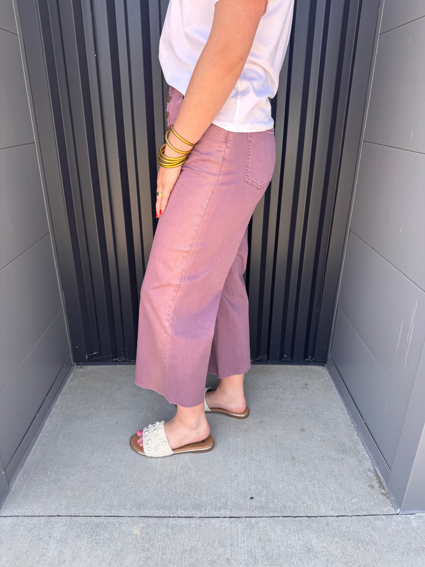 Front Button Stretch Twill Bell Bottom Pants